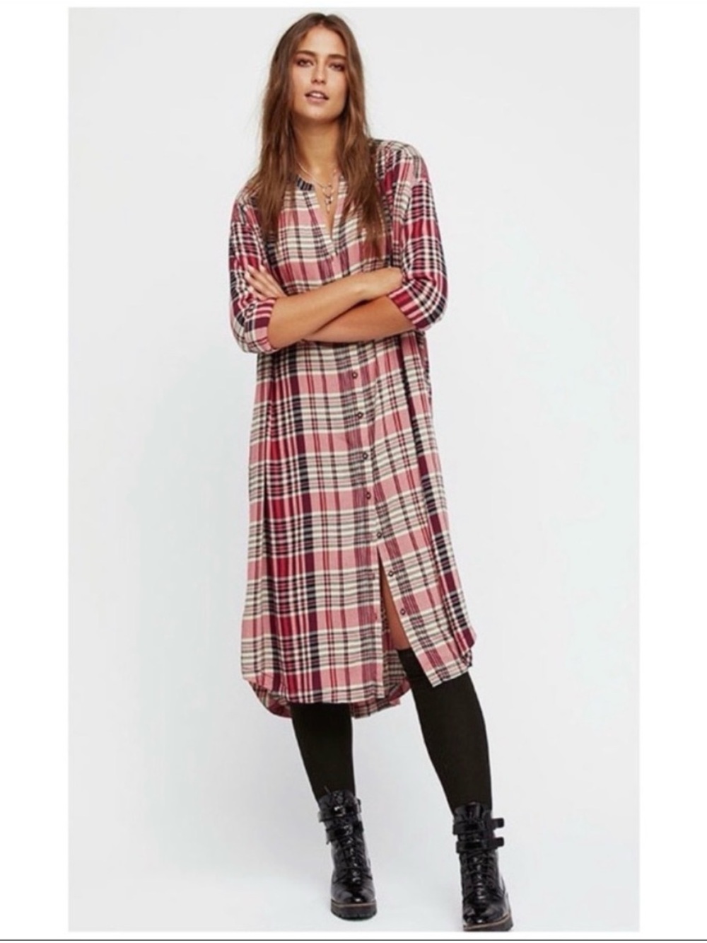 Free People Loralei Plaid Button-Front Midi Shirt Dress